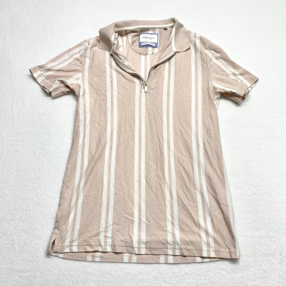 Denim & Flower Striped Quarter Zip Polo Mens Size S Tan White Pique Cotton Blend